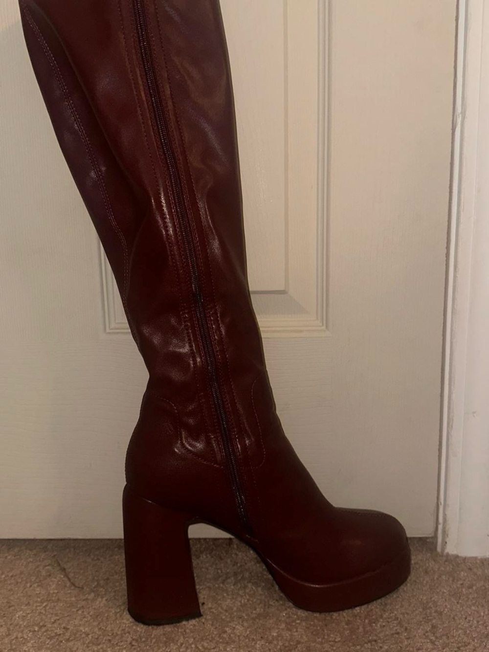 Platform Knee-High Boots in Wine Red
